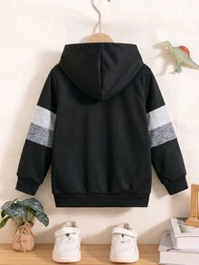 SHEIN 小男孩時尚休閒恐龍印花連帽拉鍊長袖衛衣外套，保暖內裡，舒適簡約，秋冬款 - 黑色 - 查看 2
