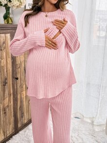 Slowluna Maternity Solid Color Nursing Long Sleeve Top And Adjustable Waist Long Pants Casual 2 Pieces Set - Pink - View 8