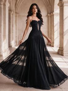 Coutiva Women's Lace Patchwork Pleated Elegant Waist-Cinching Evening Dress - Black - View 3