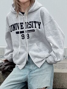 FRIFUL 女款刺繡時尚拉鍊連帽衛衣 - 灰色 - 查看 8