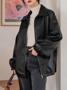 DAZY Women's Solid Color Zipper Casual Versatile Daily Travel Long Sleeve Jacket - Black - View 7