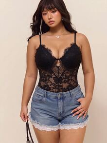 CovetEZ Autumn/Winter Halloween Lace Patchwork Sexy Plus Size Bodysuit - Black - View 5