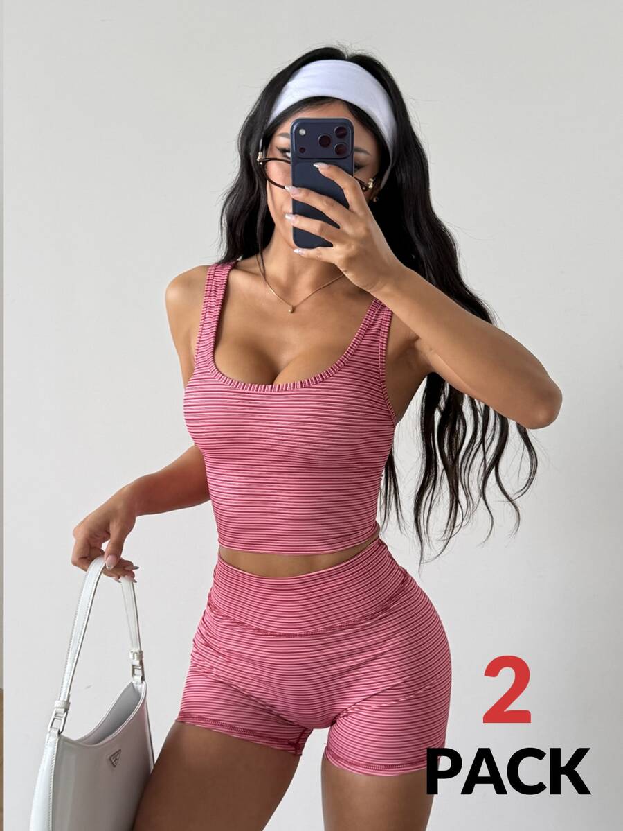 Coolane Women's Summer Yoga Leisurewear Active Multi Color Stripe Cami Top And Short Pink Two Pieces Set - Pink - View 1
