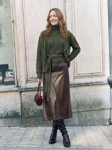 Dayvera Women's Autumn/Winter Casual Daily Commute Cable Knit Belted Button-Front Cardigan And High Neck Sleeveless Knit Top Set - Army Green - View 3