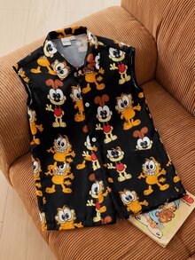 GARFIELD | SHEIN 1件可愛趣味風男嬰連身衣，舒適領口無袖連身衣，Garfield聯名嬰兒連身衣 - 黑色 - 查看 3