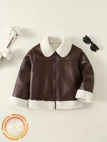 Young Boy Thermal Lined Thick Turn Collar Long Sleeve Jacket, Versatile And Comfortable - Brown - View 9
