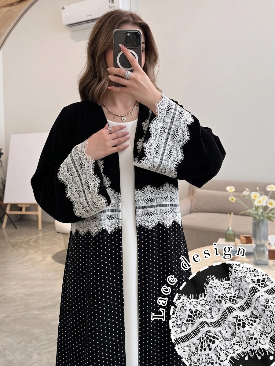 Yasmyna Autumn/Winter Elegant Elegant Fashion Versatile Lace Patchwork Polka Dot Full Skirt Long Robe - Multicolor - View 1
