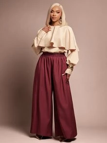 Vixey French Style Double Layer Cape Shawl Blouse For Women, Design Round Neck Loose Batwing Sleeve Draped Commuter Top - Apricot - View 4