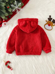 SHEIN 嬰兒男孩女孩秋冬款紅色加厚毛絨抓絨衛衣，卡通馴鹿圖案，3D耳朵，連帽長袖套頭衛衣，適合聖誕節 - 紅色 - 查看 2