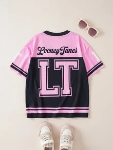 LOONEY TUNES X SHEIN تي شيرت كاجوال يومي بأكمام قصيرة مطبوع عليه حروف و رسوم كرتونية للبنات المراهقات - وردي - مشاهدة 2
