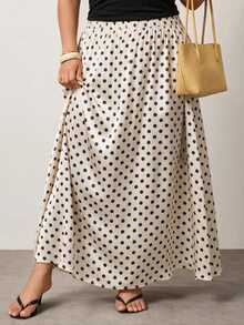 Enliva Plus Size Satin Polka Dot A Line Maxi Skirt Apple - Beige - View 6