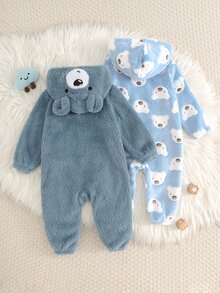 Cozy Pixies 2件組男嬰卡通熊圖案休閒日常舒適毛絨連帽冬季連身衣套裝，2款各1件 - 藍色 - 查看 2