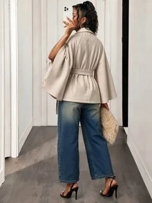 BamGleam Women's Flare Sleeve Overcoat With Metal Hardware Decoration And Belt Office Beige Fall French Elegant - Apricot - View 3