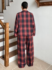 Dazy Plus Plaid Loose Red Christmas New Year Home Wear Long Pants 2-Piece Pajama Set - Red - View 2
