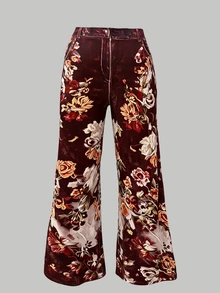 Ceyna Plus Size Women's Floral Velvet Print Elegant Flare Pants - Multicolor - View 4