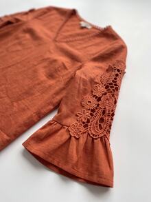 Hansera Middle-Aged Women Casual Outing Holiday Outfit Contrast Lace Ruffle Cuff Fashion Top - Rust Brown - View 4