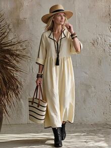 Hansera Middle-Aged Women 3/4 Sleeve Cuffed Casual Dress - Apricot - View 2