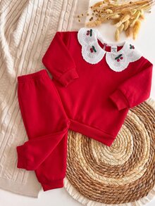 SHEIN Baby Girl Cherry Embroidery Pattern Casual Daily Long Sleeve Sweatshirt And Pants Set - Red - View 5