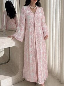 Yasmyna Women's Floral Embroidered Fabric Loose Casual Elegant Fashion Long Robe - Baby Pink - View 4