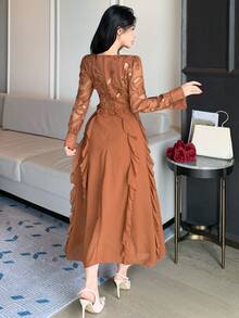 DAZY Women's Sequin Design V-Neck Patchwork Ruffle Elegant Long Sleeve Dress - Burnt Orange - View 2
