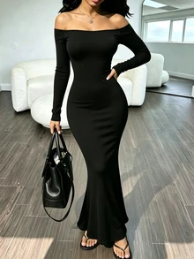 INAWLY Women's Solid Color Off-Shoulder Casual Party Dress - Black - View 4