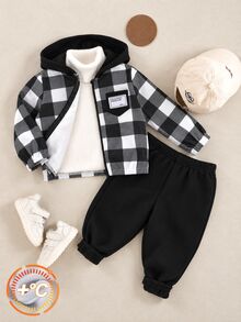 SHEIN 男嬰秋冬黑白拼接字母印花拉鍊連帽衛衣外套與長褲休閒套裝，適合節日穿搭、萬聖節、聖誕禮物 - 黑色 - 查看 1