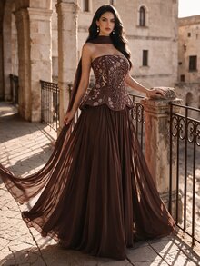Coutiva Women's Floral Beaded Decor Elegant Cinched Waist Strapless Cocktail Dress - Brown - View 4