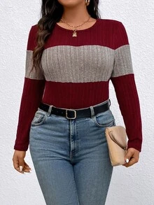 EMERY ROSE Plus Size Contrast Color Round Neck Ribbed Long Sleeve Casual T-Shirt Tees Women Tops For Spring Fall Cloth For Women - Multicolor - View 6