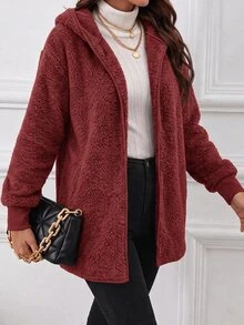 SHEIN Clasi 女款羊羔毛連帽休閒百搭日常長袖秋季運動機場穿搭拉鍊保暖咖啡棕夾克，適合返校、上班、公路旅行與旅遊 - 酒紅色 - 查看 7