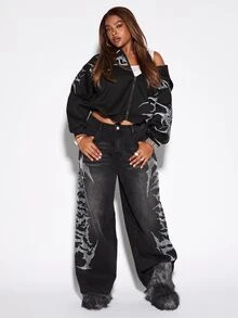 ROMWE Grunge Punk Casual Washed Letter Rhinestone Decor Plus Size Wide Leg Jeans - Black - View 1