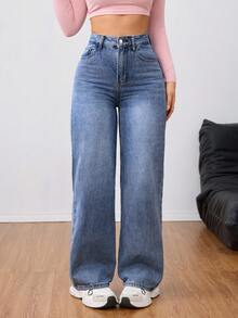 SHEIN PETITE Women's Outdoor Fashion All-Season Versatile Petite Blue Denim Wide Leg Pants - Dark Wash - View 3