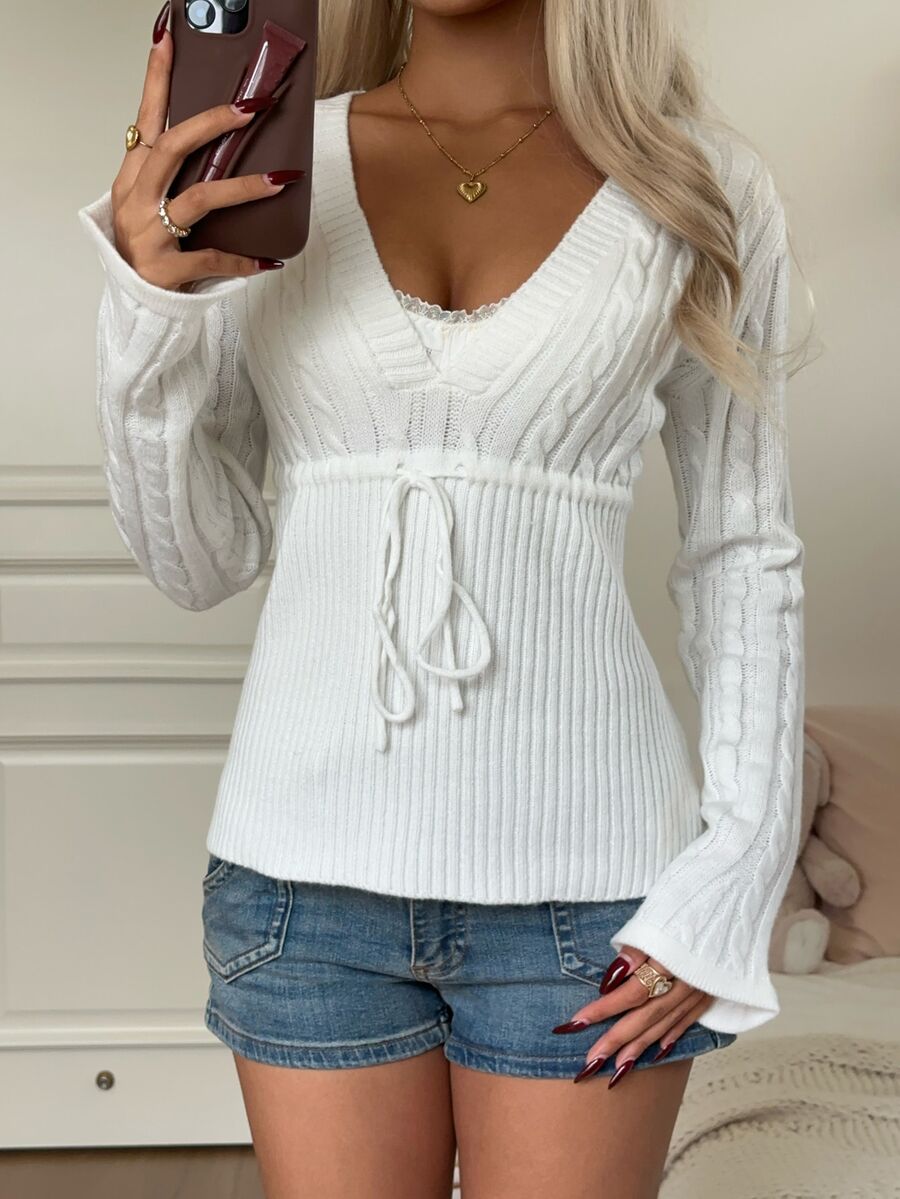 CovetEZ Women's Cable Knit V-Neck Front Tie Long Sleeve Sweater - White - View 1
