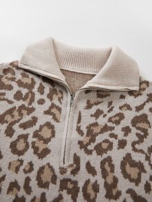 SHEIN Women Quarter Zip Collared Leopard Print Knit Sweater, Long Sleeve Drop Shoulder Loose Fit Knit Pull - Multicolor - View 7