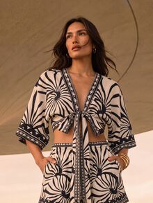 CAJUNI V-Neck Blouse With Sleeves, Front Tie, Elegant Summer Blouse, Maxi Shell Print - Black and White - View 5