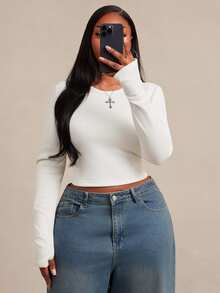 SHEIN SXY تي شيرت نسائي مقاس كبير بلون موحد كاجوال متعدد الاستخدامات للاستخدام اليومي بأكمام طويلة للشتاء - أبيض - مشاهدة 3