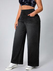 Flexra Plus Size Women's Wide Leg Casual Denim Jeans Soft Washed Stretch Pants - Dark Grey - View 4