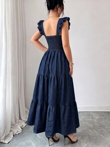 Elenzga Women's Sweetheart Neckline Back Shirred Design Flutter Sleeve Elegant Denim Dress - Blue - View 2