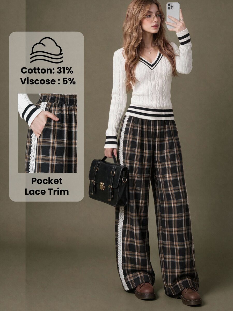 Elnivra Women's Casual Plaid Lace Patchwork Pocket Long Pants - Black - View 1
