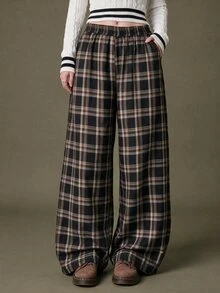 Elnivra Women's Casual Plaid Lace Patchwork Pocket Long Pants - Black - View 5