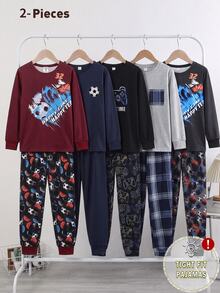 Boys' Autumn/Winter Colorful Soccer Letter Print Long Sleeve & Long Pants Snug Fit Loungewear Set - Multicolor - View 1