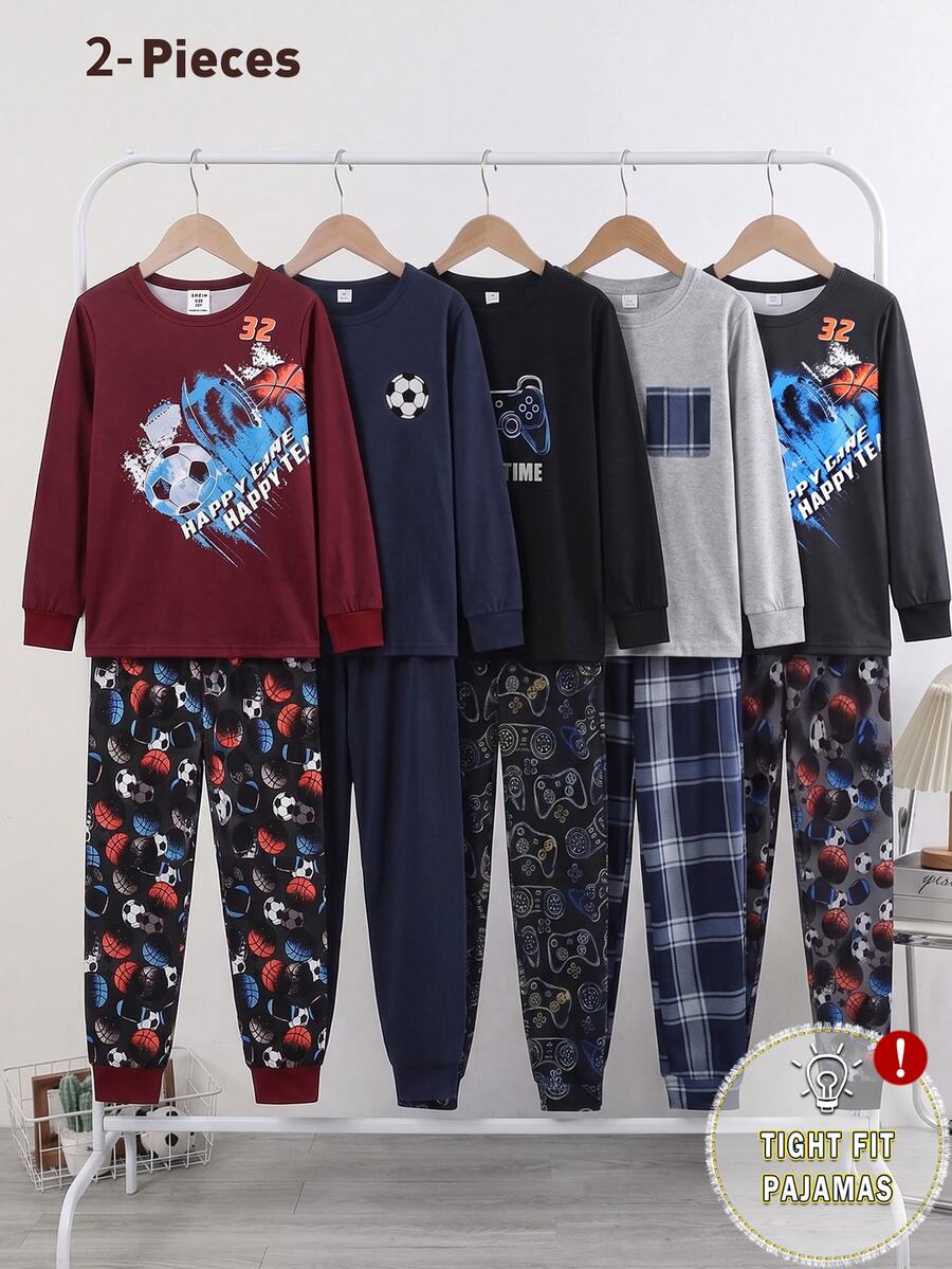 Boys' Autumn/Winter Colorful Soccer Letter Print Long Sleeve & Long Pants Snug Fit Loungewear Set - Multicolor - View 1