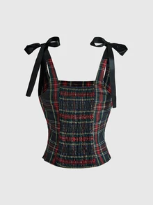 ROMWE Academia Spring/Summer Women's Bowknot Plaid Cute Retro Red & Black Color Block Tank Top - Burgundy - View 2