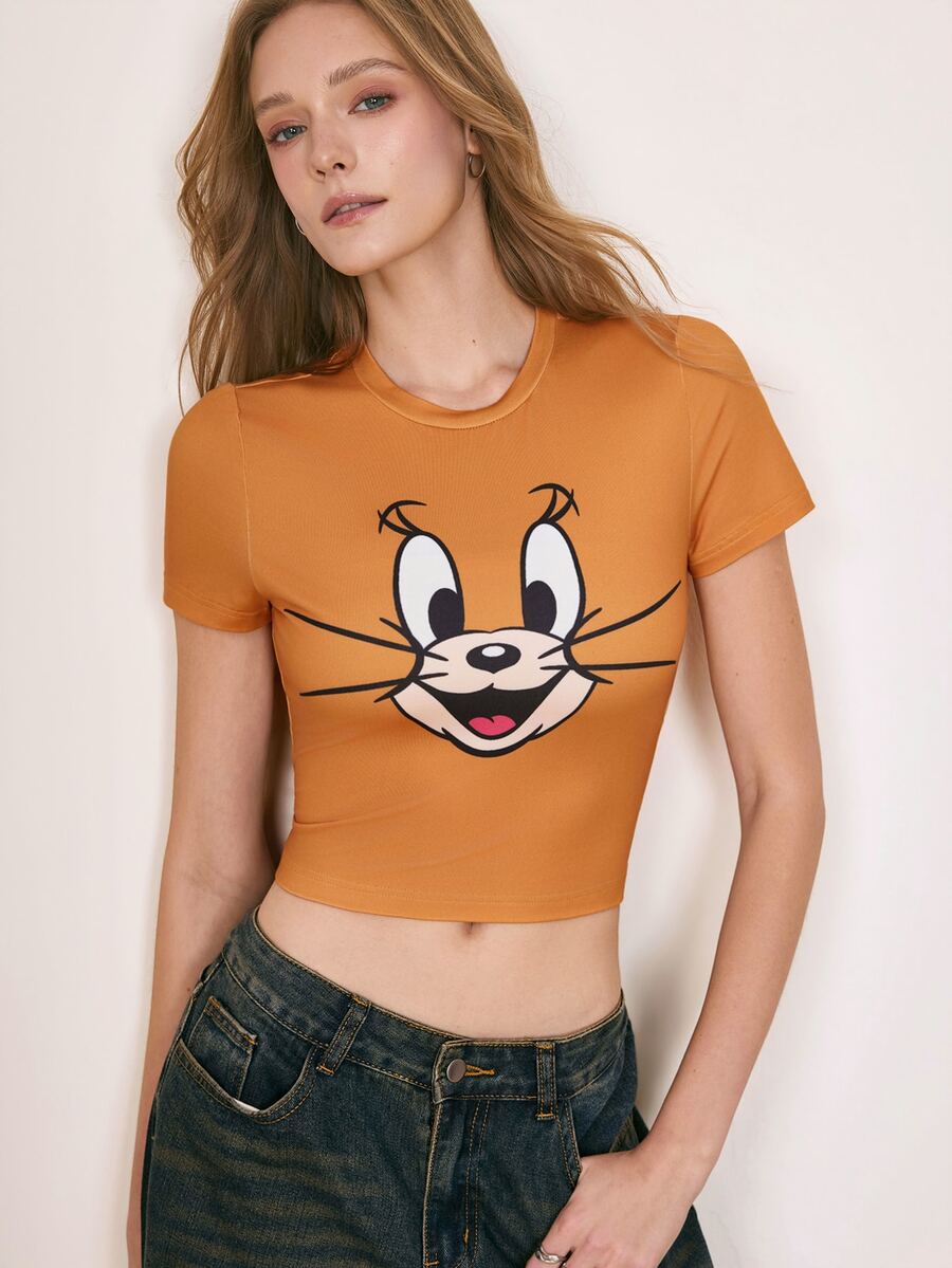 TOM & JERRY X SHEIN 女款街頭風卡通印花短袖T恤 - 棕色 - 查看 1