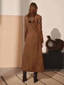 MOTF PREMIUM SUEDE VELVET CONTRAST BLACK PU SPROUT WAIST-CINCHING FLARED DOUBLE-BREASTED MID-LENGTH COAT FOR AUTUMN/WINTER - Brown - View 3