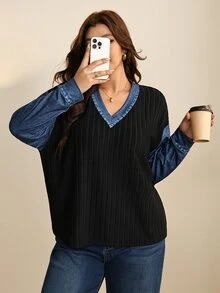 Edennvi Plus Size Women's Spring/Autumn V-Neck Denim Patchwork Ribbed Knit Long Sleeve Top, Loose Fit, Flattering, Casual Colorblock Pullover Blouse - Multicolor - View 7
