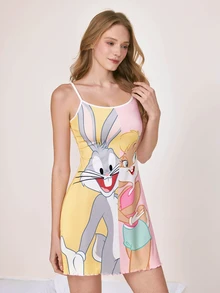 LOONEY TUNES X SHEIN 女款卡通印花休閒日常居家細肩帶睡裙 - 粉色 - 查看 3