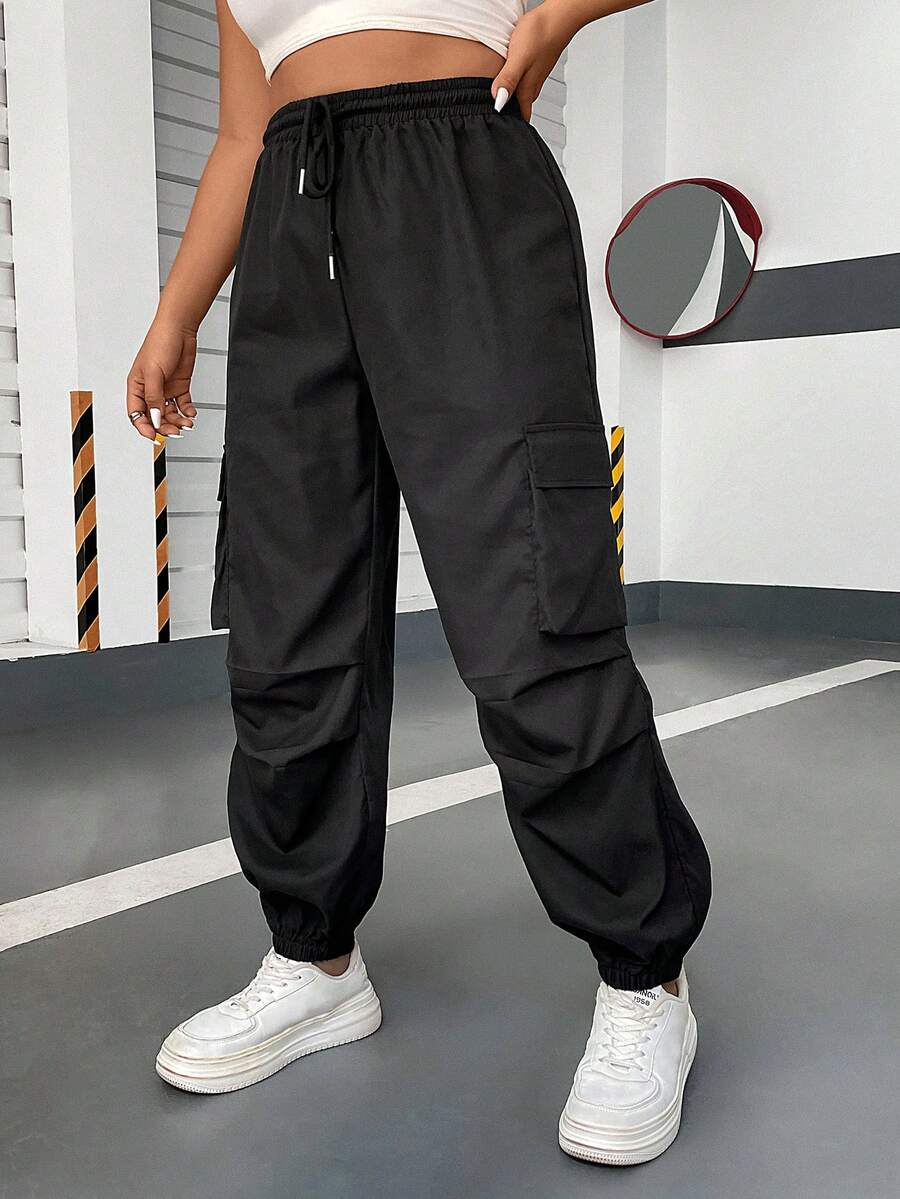 POPSWAY Plus Size Casual Solid Color Elastic Waist & Drawstring Cuffed Cargo Pants Fall Cloth For Women - Black - View 1