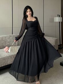 Modelyn 披肩領泡泡長袖收腰不對稱百褶雪紡大裙擺洋裝，婚禮新娘單身派對適用，淡粉色，秋季浪漫優雅 - 黑色 - 查看 7