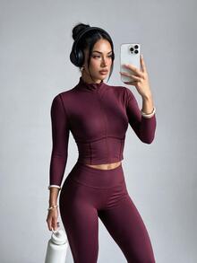 SHEIN Dewbera Women's Solid Color Casual Versatile Daily Travel Sports Jacket - Burgundy - View 5