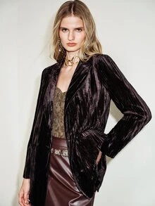 Aveloria Modichic 女款寬鬆長版亮面天鵝絨西裝外套，單排扣翻領、百褶翻蓋口袋、開衩設計，現代風棕色素色，2026秋冬女裝夾克 - 咖啡棕 - 查看 7